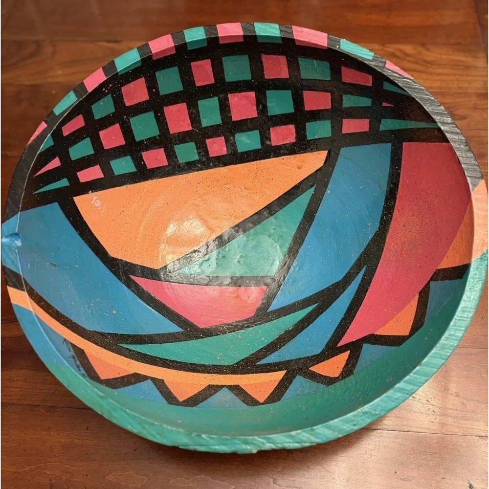 Vintage 1989 Memphis Style Hand Painted Wood Bowl Signed Kim Mullen Postmodern